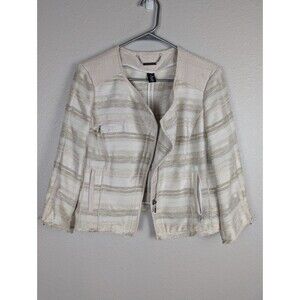 WHBM White House Black Market cream striped tweed jacket 14 Moto Crop Blazer 156